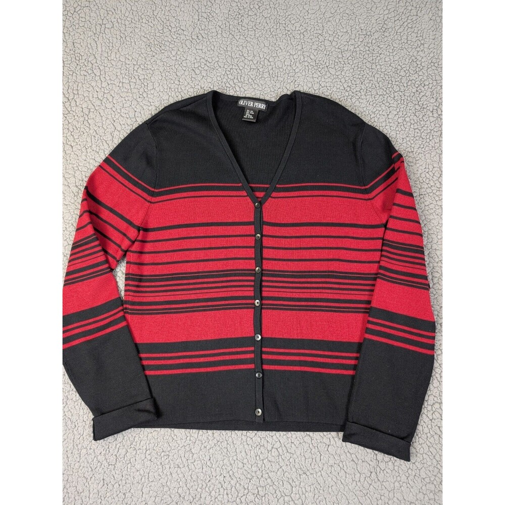 Oliver Perry Silk Blend Cardigan Red Black Stripe Size Large Button Up Long Slv